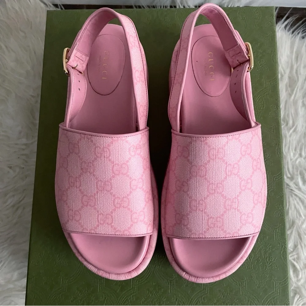 Gucci Angelina Pink GG Supreme Coated Canvas Slingback Platform Sandals 38 - Picture 4 of 16